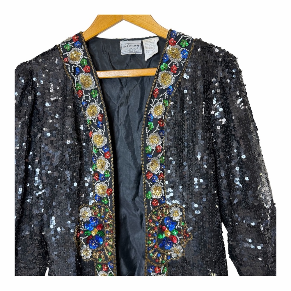 Floral Maximalist Sequin Beaded Jacket S Black Silk Vintage Stenay Whimsigoth - Picture 3 of 14